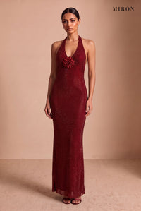 Burgundy Crystal Rose Halter Gown – studio, front