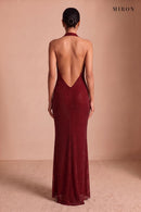 Burgundy Crystal Rose Halter Gown – studio, back