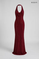 Burgundy Crystal Rose Halter Gown – front view