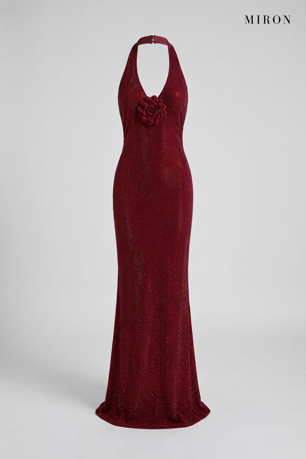 Burgundy Crystal Rose Halter Gown – front view