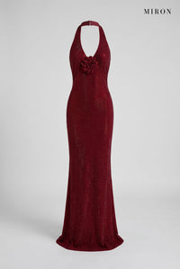 Burgundy Crystal Rose Halter Gown – front view
