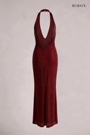 Burgundy Crystal Rose Halter Gown – back view