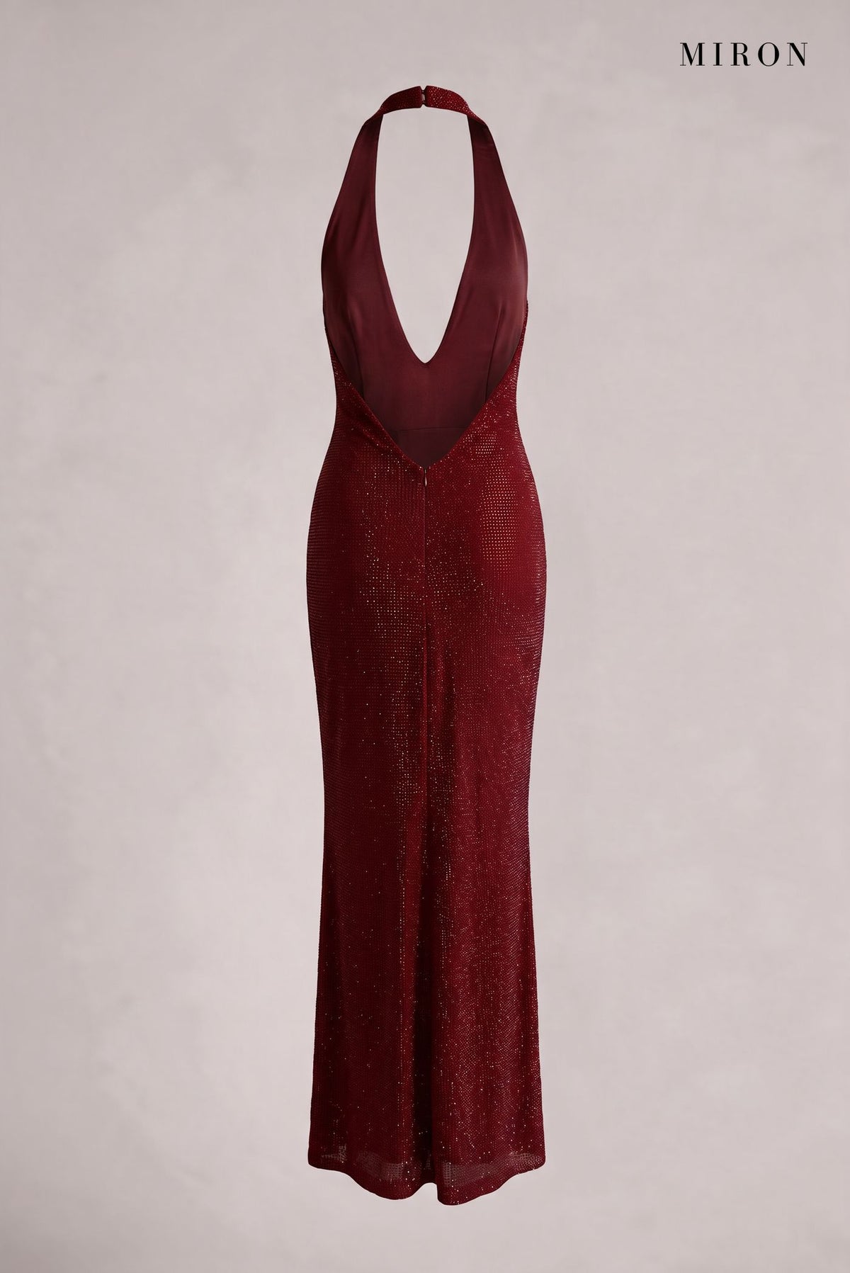 Burgundy Crystal Rose Halter Gown – back view