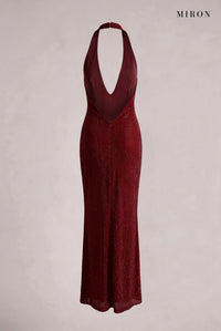 Burgundy Crystal Rose Halter Gown – back view
