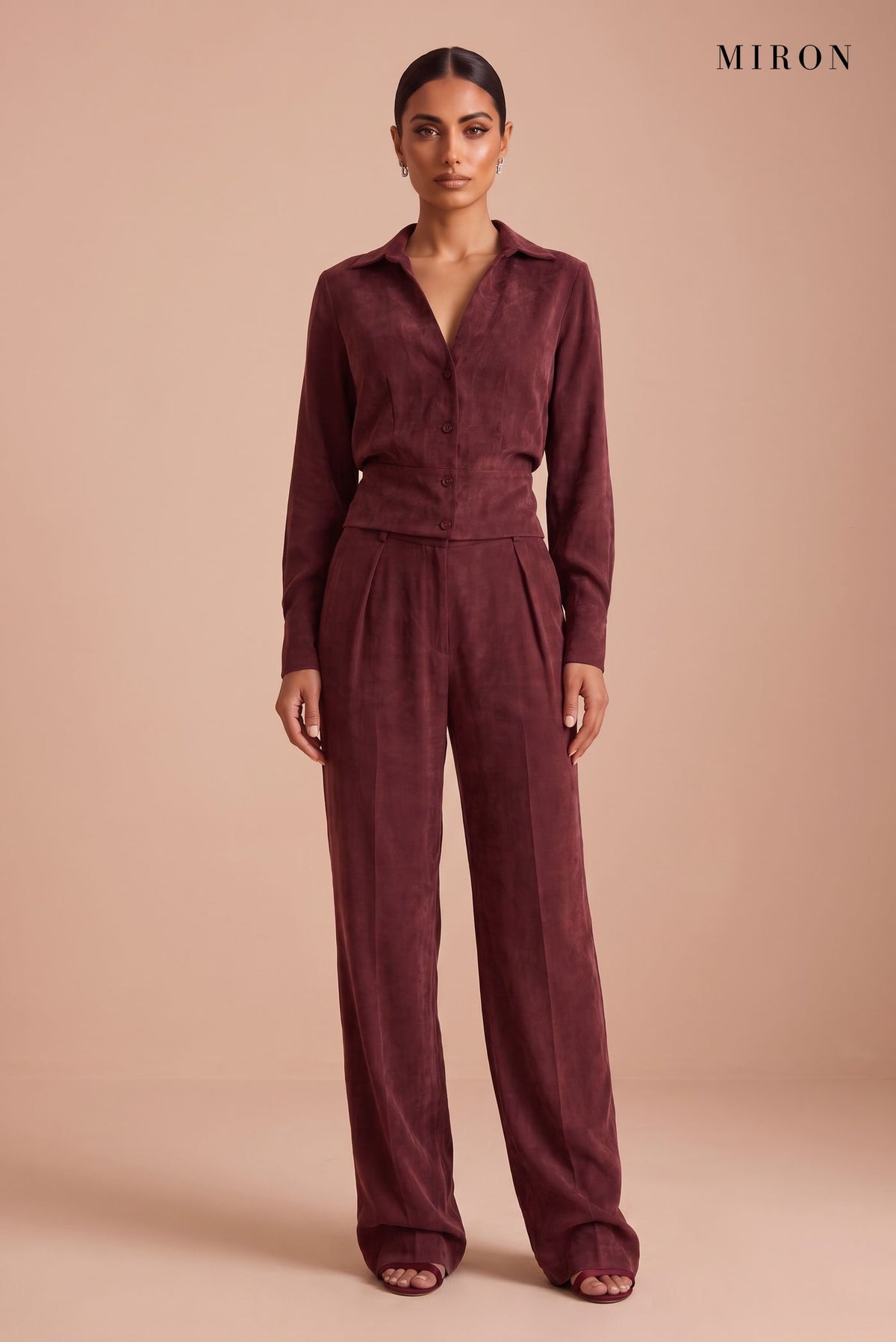 Burgundy Cupro Shirt & Trouser Set – studio, front