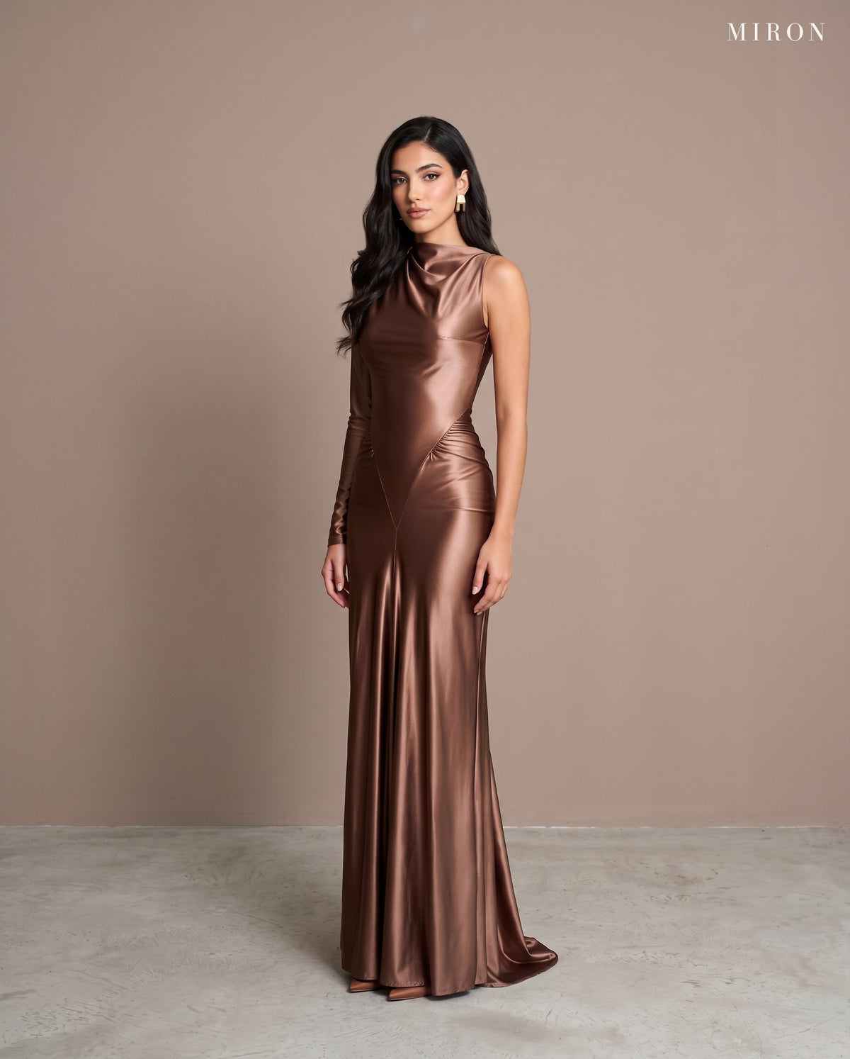 Miron Brown Satin Jersey Dress ED-BRN-120 – studio front view