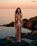 Miron Brown Satin Jersey Dress ED-BRN-120 – coastal rocks at sunset