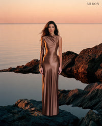 Miron Brown Satin Jersey Dress ED-BRN-120 – coastal rocks at sunset