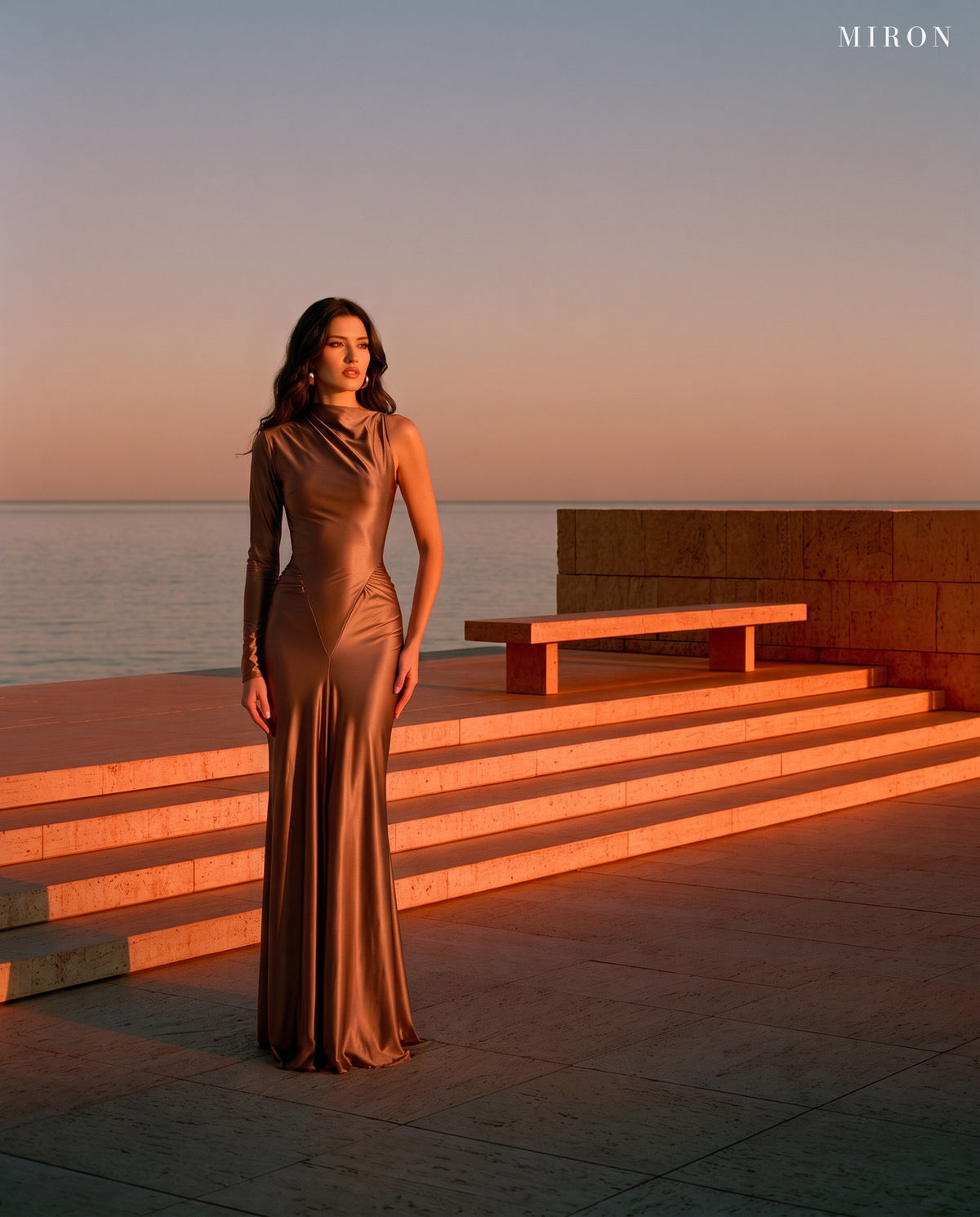 Miron Brown Satin Jersey Dress ED-BRN-120 – travertine terrace by the sea