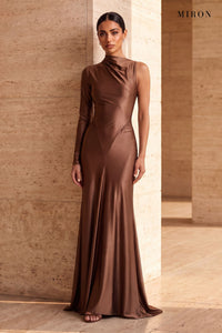 Chocolate Satin Asymmetric Gown – worn by model, travertine setting
