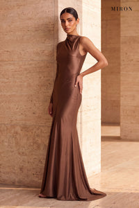 Chocolate Satin Asymmetric Gown – worn by model, travertine setting