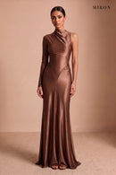 Chocolate Satin Asymmetric Gown – studio, front