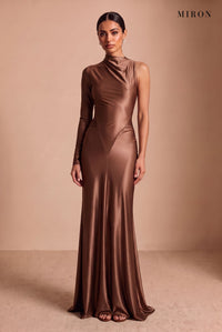 Chocolate Satin Asymmetric Gown – studio, front