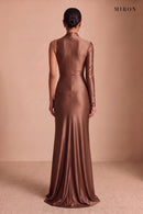 Chocolate Satin Asymmetric Gown – studio, back