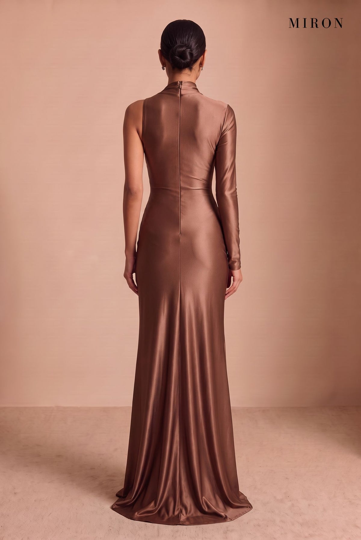Chocolate Satin Asymmetric Gown – studio, back
