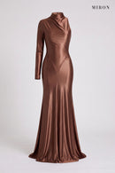 Chocolate Satin Asymmetric Gown – front view