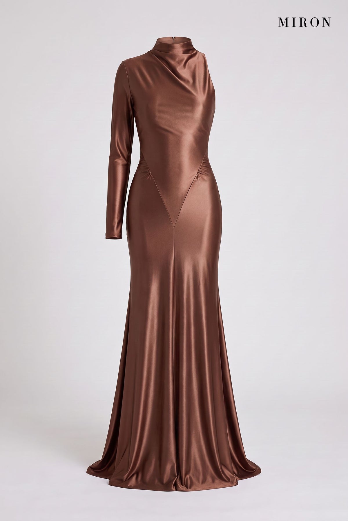 Chocolate Satin Asymmetric Gown – front view
