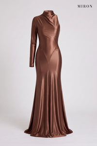 Chocolate Satin Asymmetric Gown – front view