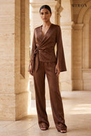 Chocolate Satin Wrap Top & Trouser Set – worn by model, travertine setting