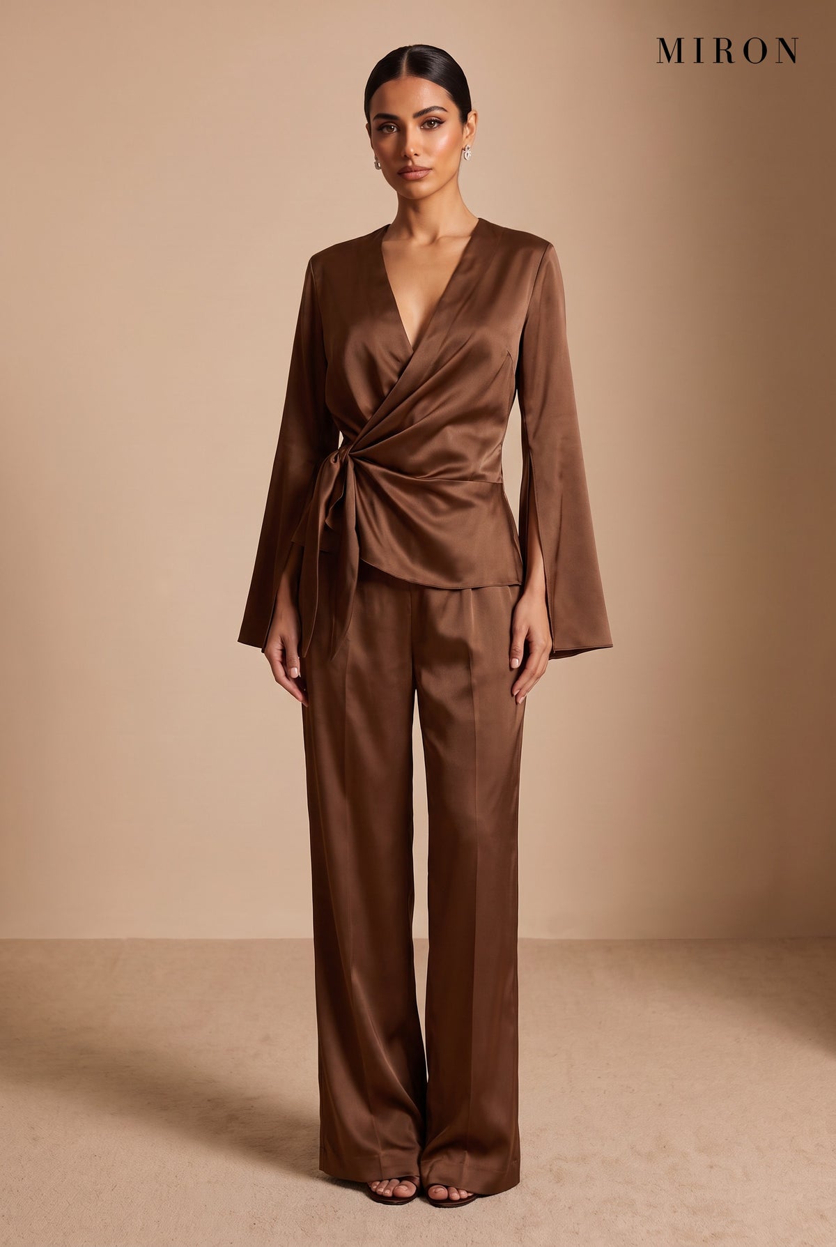 Chocolate Satin Wrap Top & Trouser Set – studio, front