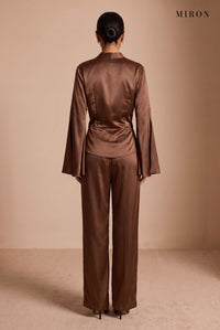 Chocolate Satin Wrap Top & Trouser Set – studio, back