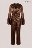 Chocolate Satin Wrap Top & Trouser Set – front view