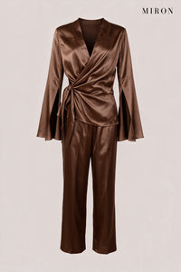 Chocolate Satin Wrap Top & Trouser Set – front view