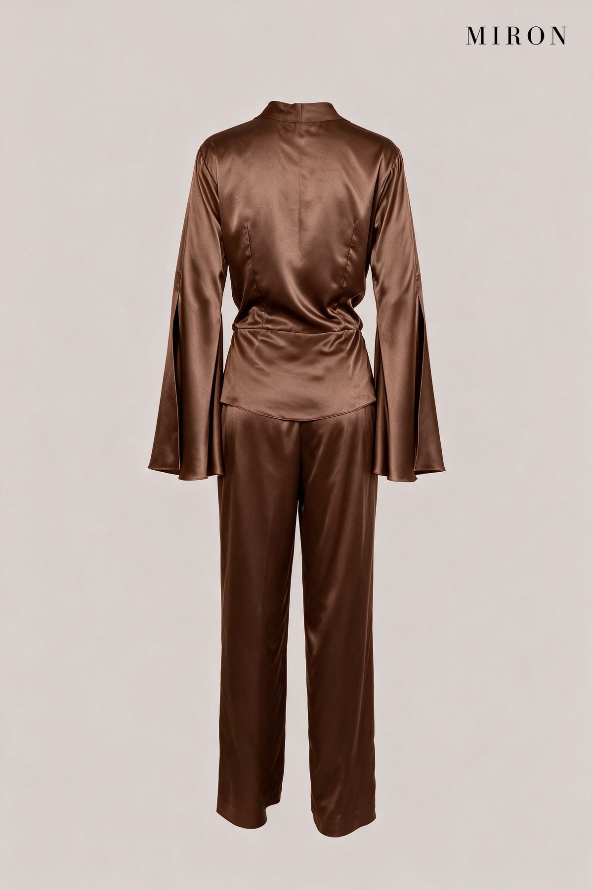 Chocolate Satin Wrap Top & Trouser Set – back view