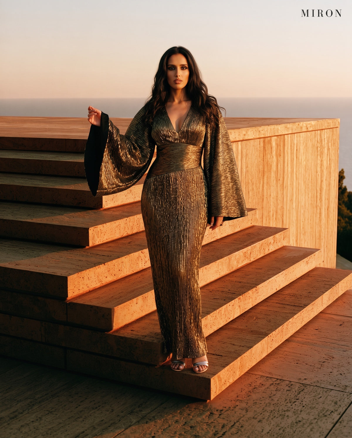 Miron Bronze Long Dress ED-BRZ-046 – seaside steps at sunset