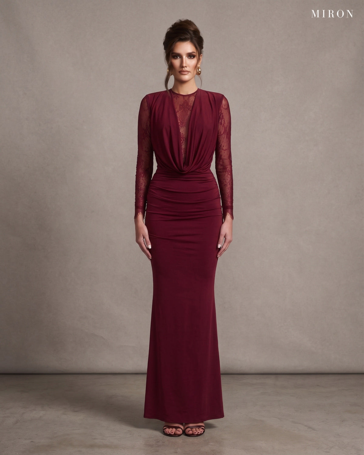 Miron Burgundy Dress With Lace ED-BUD-095 - studio front view