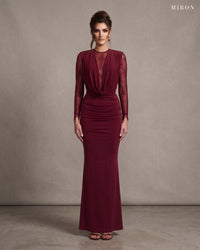 Miron Burgundy Dress With Lace ED-BUD-095 - studio front view
