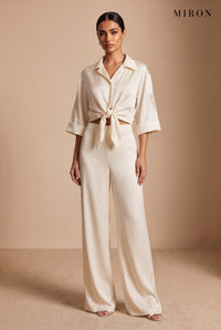 Cream Satin Set with Embroidered Sleeves – studio, front