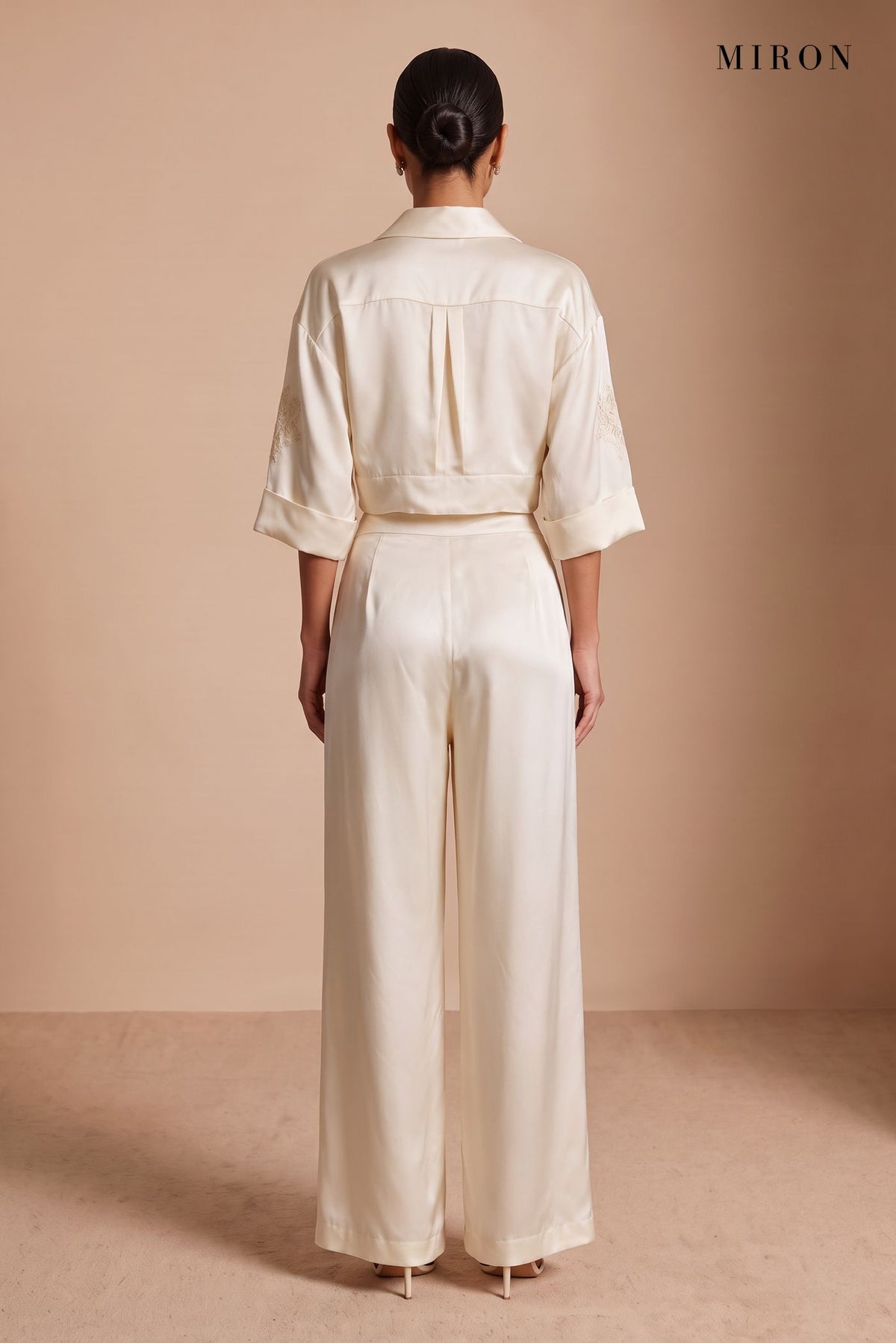 Cream Satin Set with Embroidered Sleeves – studio, back