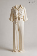 Cream Satin Set with Embroidered Sleeves – front view