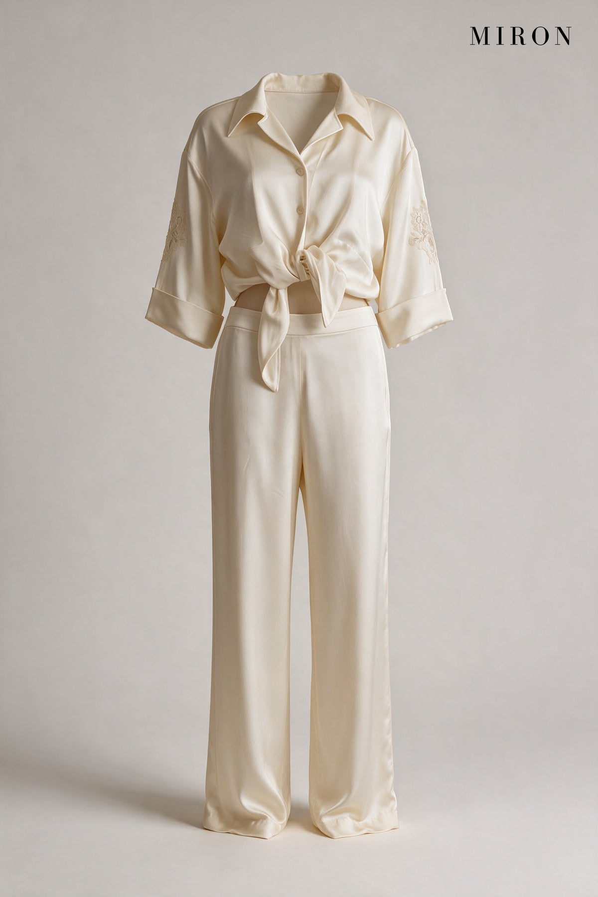 Cream Satin Set with Embroidered Sleeves – front view