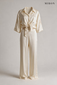 Cream Satin Set with Embroidered Sleeves – front view