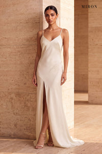 Cream Satin Slip Maxi Dress – worn by model, travertine setting
