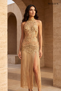 Gold Lace Halter Tassel Dress – worn by model, travertine setting