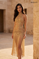 Gold Lace Halter Tassel Dress – worn by model, travertine setting