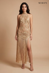 Gold Lace Halter Tassel Dress – studio, front