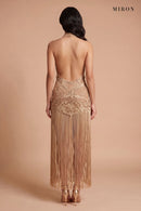 Gold Lace Halter Tassel Dress – studio, back