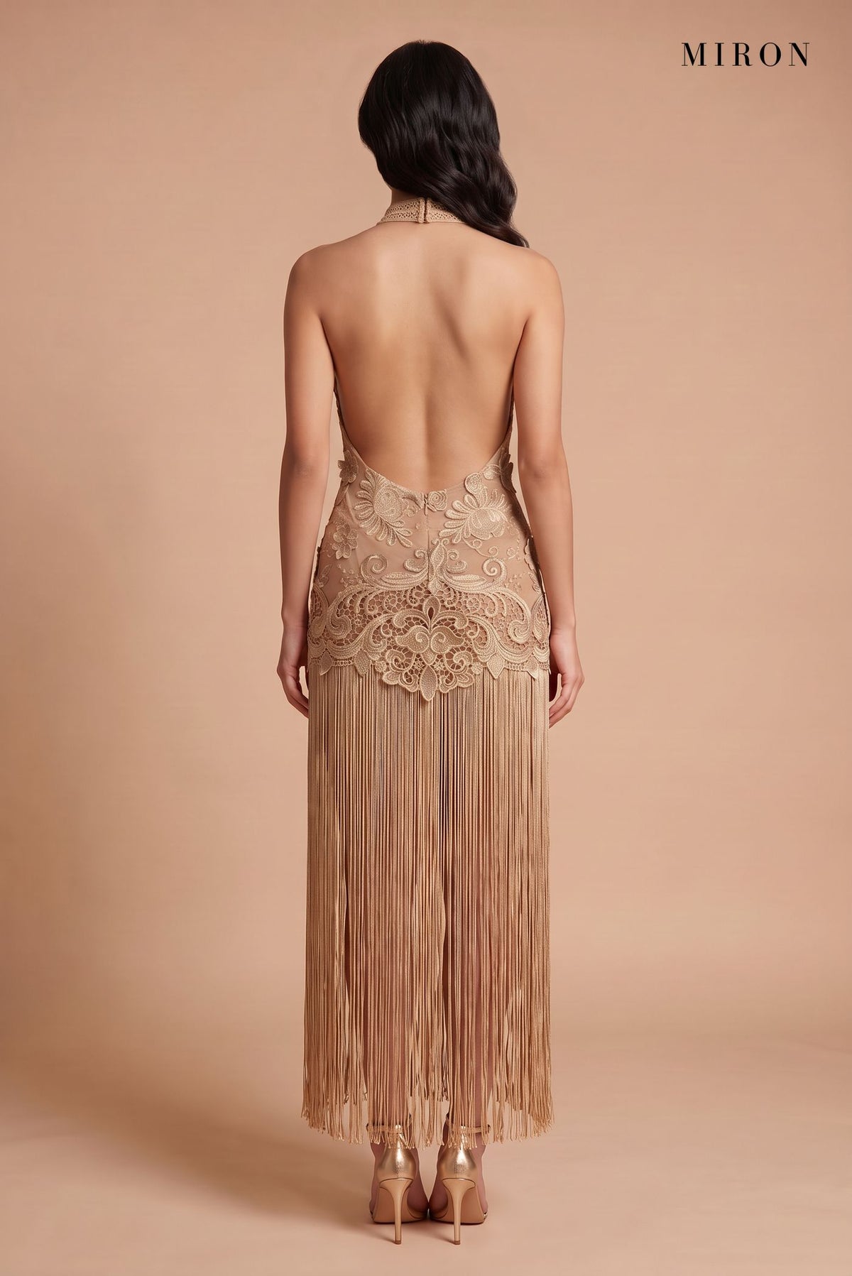 Gold Lace Halter Tassel Dress – studio, back