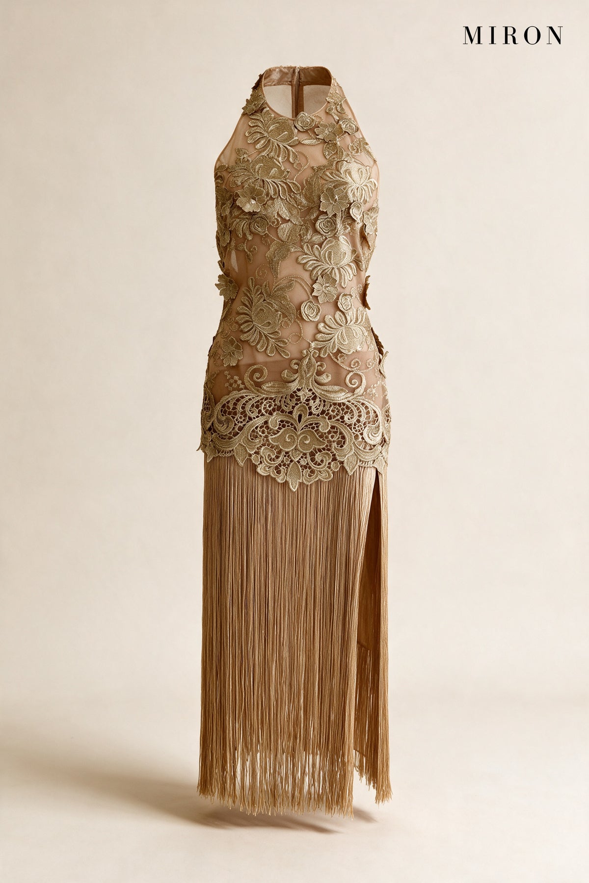 Gold Lace Halter Tassel Dress – front view