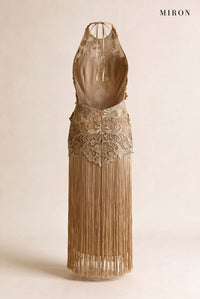 Gold Lace Halter Tassel Dress – back view