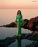 Miron Emerald Green Long Dress ED-GRN-041 – coastal rocks at sunset