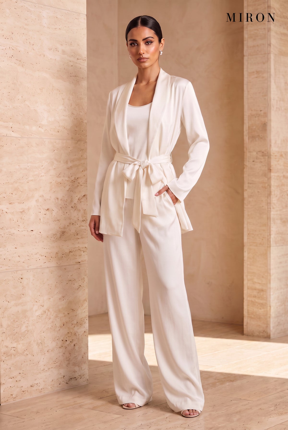 Ivory Satin 3-Piece Set – worn by model, travertine setting