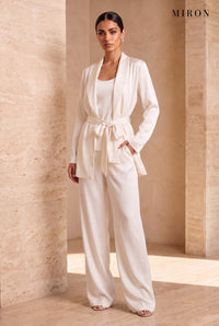 Ivory Satin 3-Piece Set – worn by model, travertine setting