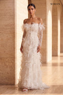 White Feather Off-Shoulder Gown – worn by model, travertine setting