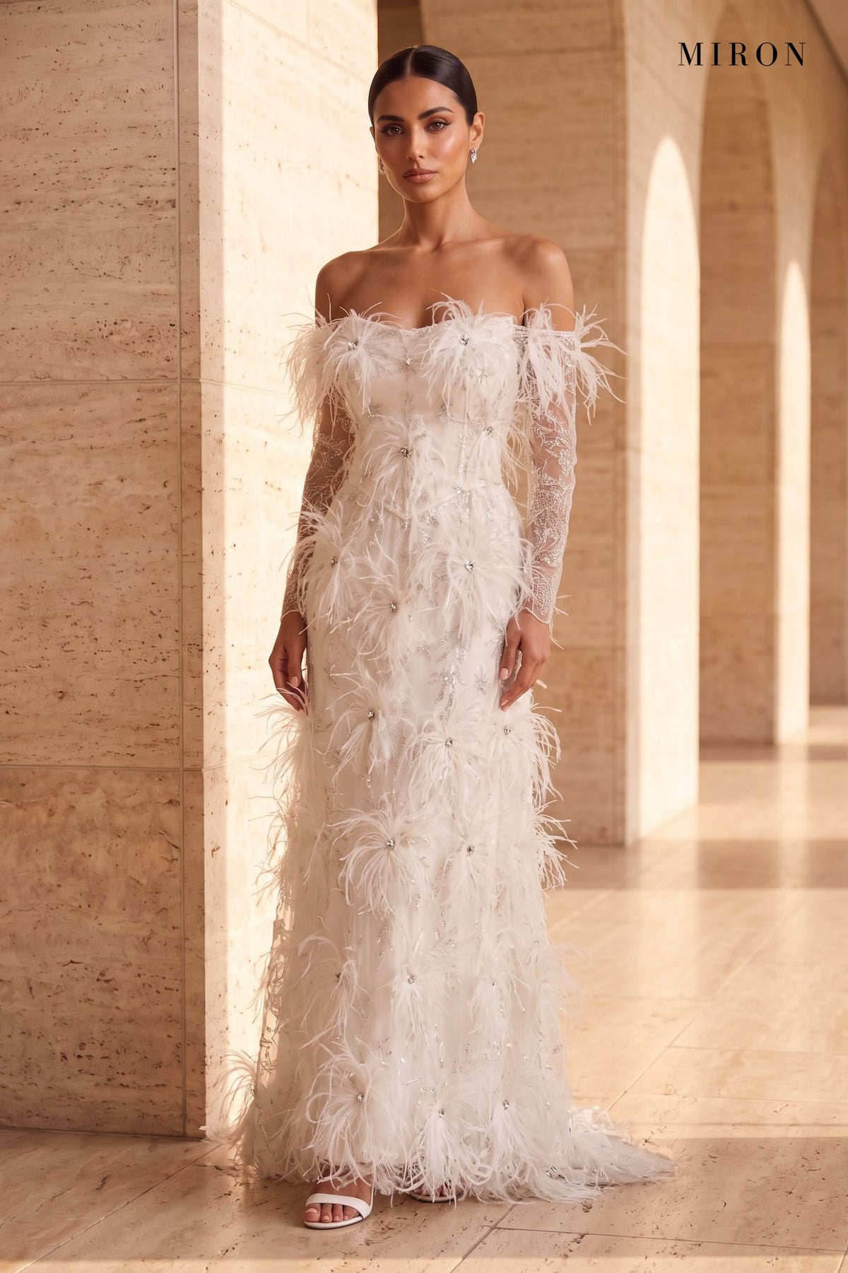 White Feather Off-Shoulder Gown