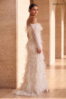 White Feather Off-Shoulder Gown – worn by model, travertine setting
